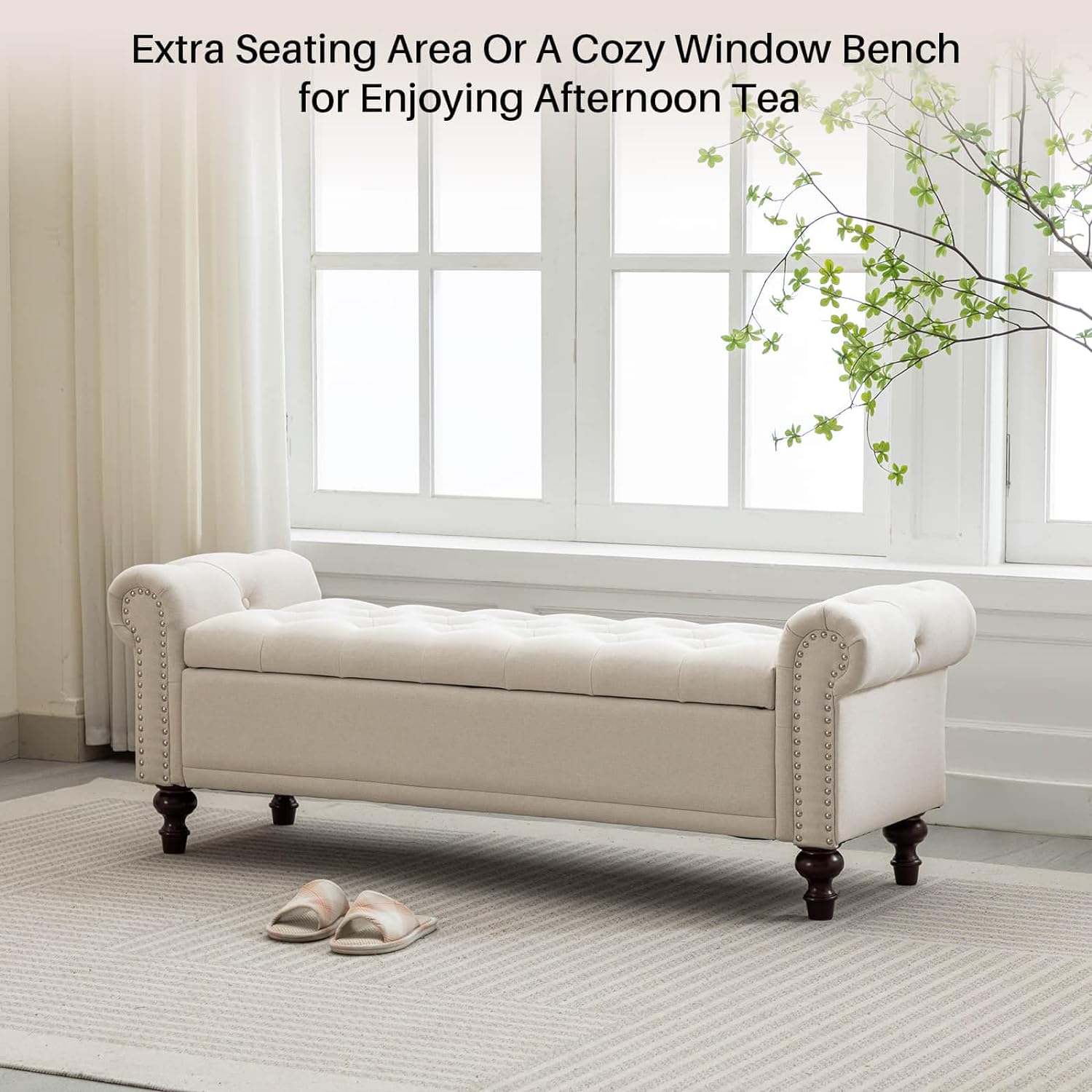 58.1'' Storage Bench Upholstered Linen End of Bedroom Bed Bench Ottoman with Tufted Cushioned Rolled Arm Large Storage Space for Reading Living Room Entryway, Beige