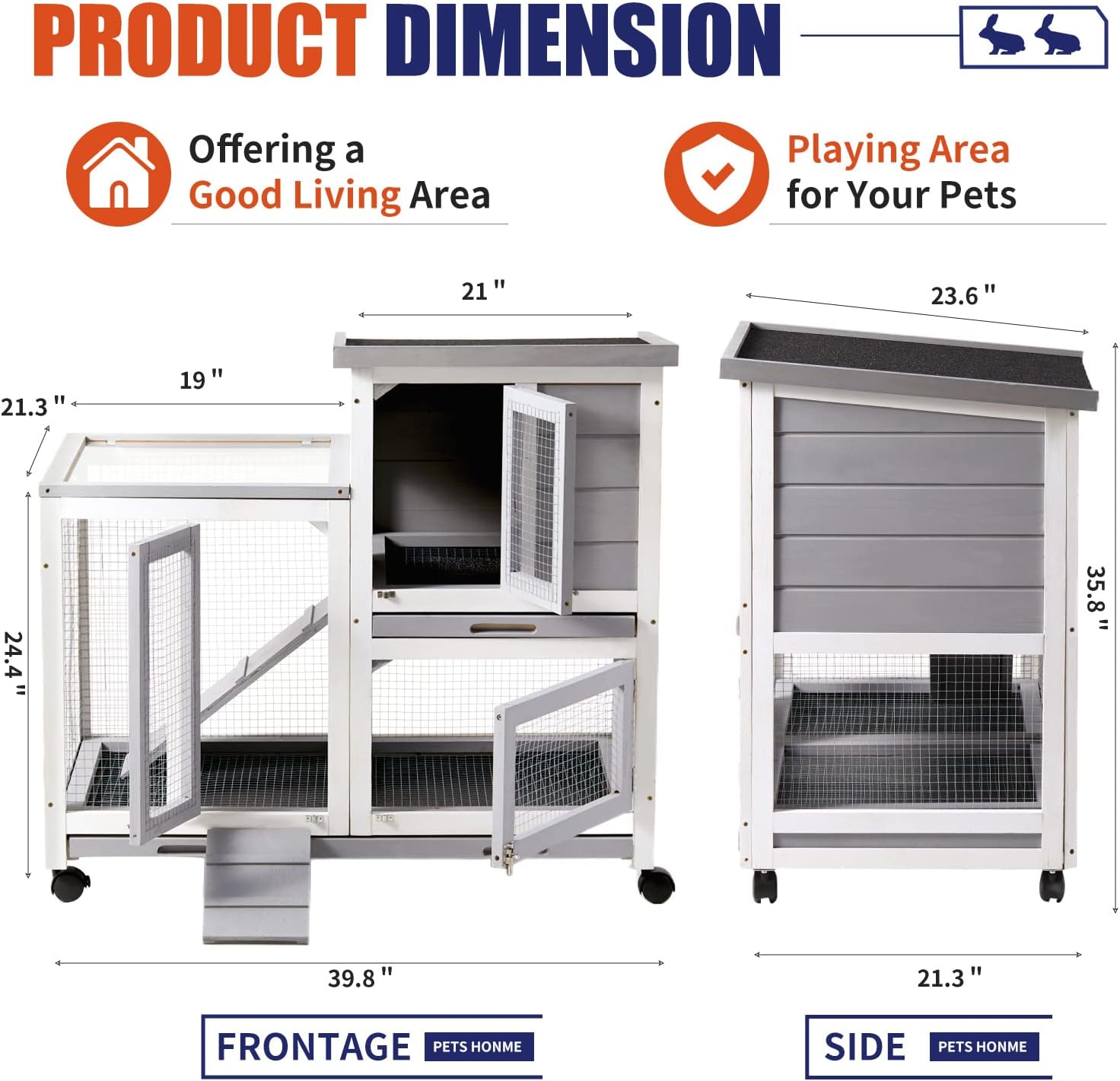 Rabbit Hutch, Indoor Rabbit Cage Two Story Bunny Hutch with Wheels Guinea Pig Cages with Removable No Leaking Tray, Ramp, Outdoor Pet House for Small Animals