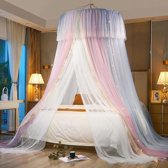 AIKASY Princess Bed Canopy for Girls & Adults, Elegant Double-Layer Bed Curtain, Children's Dream Round Lace Mosquito Net - Fits Twin, Full, Queen, and King Beds(Pink/Grey/White)