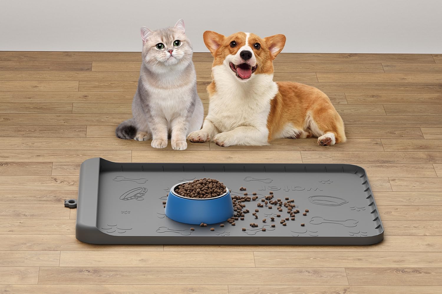 Dog Food Mat - Silicone Dog Mat for Water - 19" x 12" Pet Feeding Mats with Residue Collection Pocket - Waterproof Cat Bowl Mat with High Edges to Prevent Water Food Spills (Gray)