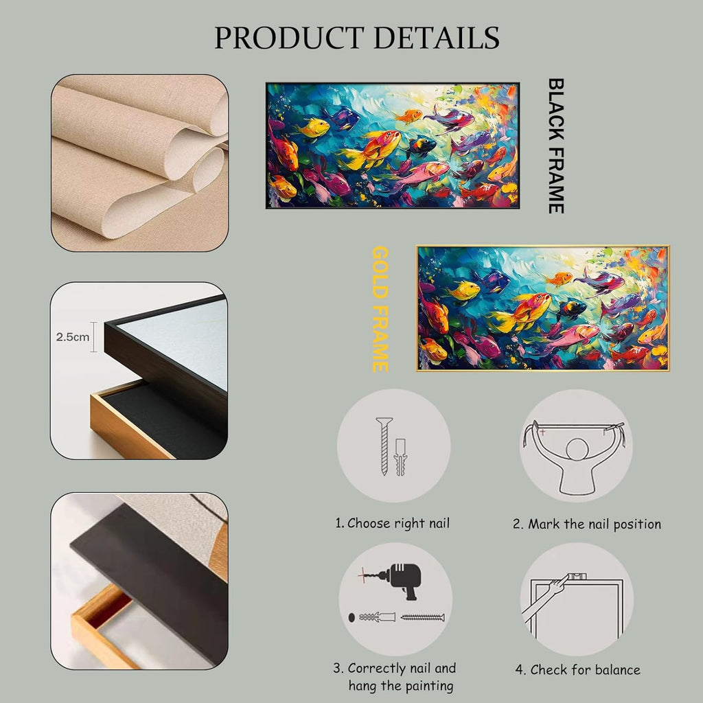 School of Fish Printed Canvas Wall Art – Framed Abstract Ocean Print – Vibrant Fish Wall Decor for Living Room, Bedroom, Office (Black Framed, 62"x31"|160x80cm)