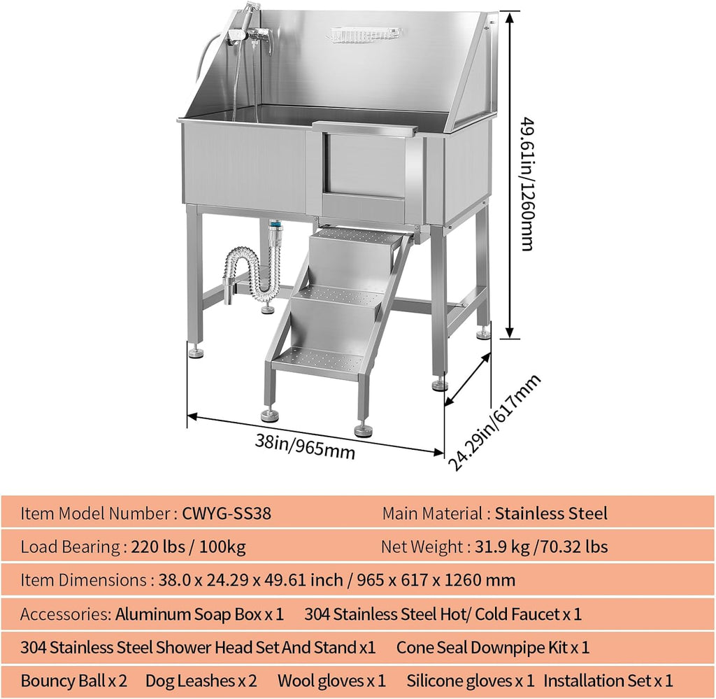 Dog Washing Station 38'' Stainless Steel Pet Grooming Tub for Large Dogs Over-Size Professional Dog Grooming Bathtub Station Wash Shower Sink Pet Grooming Bathtub Station,Right Door
