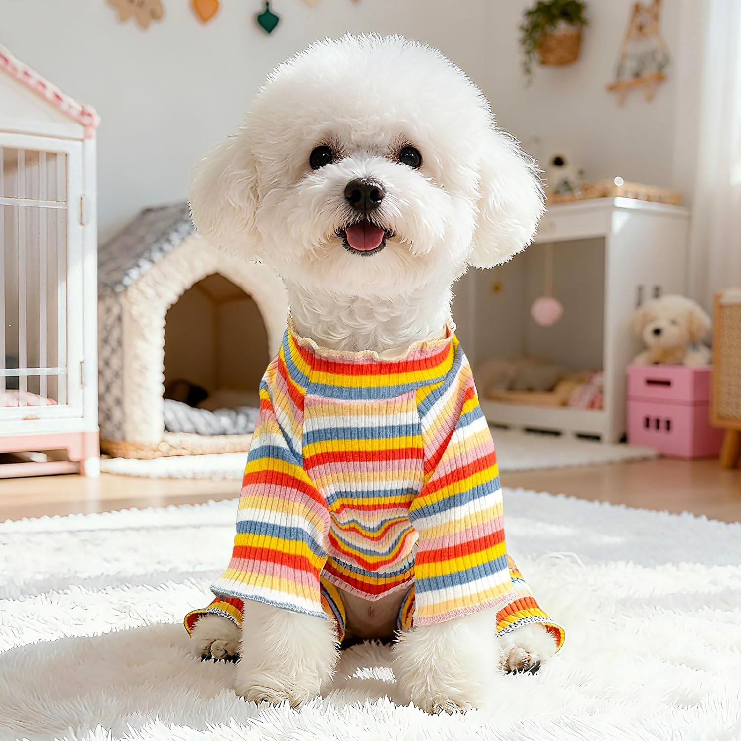 BAEJMJK Striped Dog Pajamas Stretchy Cute Four-Legged Boy Girl Dog Clothes with Sleeves Comfortable Dogs Jumpsuit Colorful Pet Puppy Outfits Apparel for Small Medium Dogs Cats(Yellow,Small)