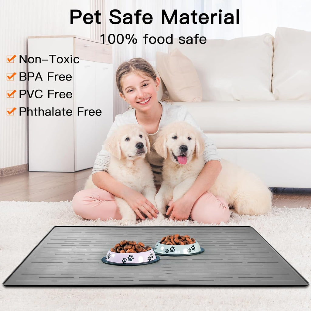 32" x 24" Large Pet Food Mat, Silicone Dog Mats for Food and Water, Nonslip Pet Feeding Mats for Floors,Dog Cat Bowl Mat with Raised Edges, Gray Blue