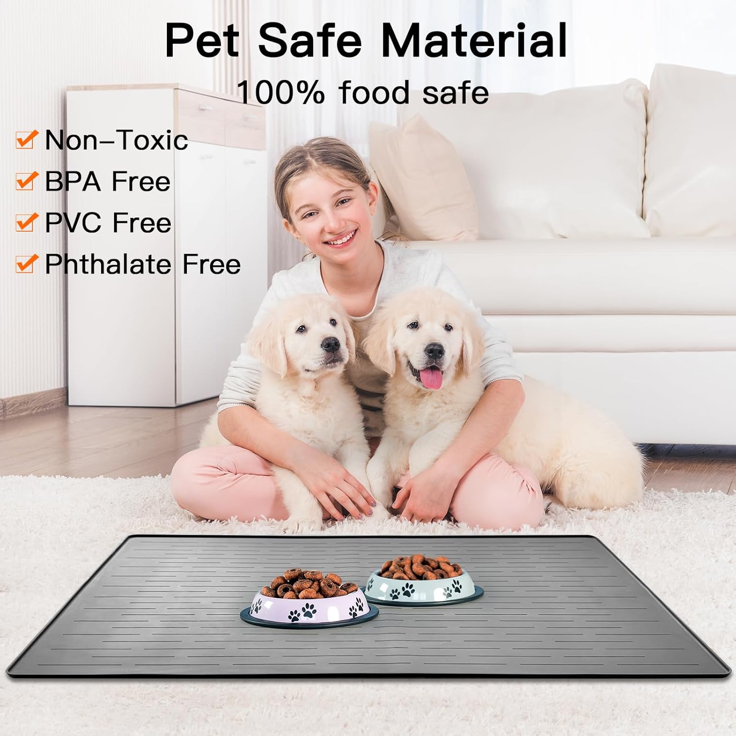 32" x 24" Large Pet Food Mat, Silicone Dog Mats for Food and Water, Nonslip Pet Feeding Mats for Floors,Dog Cat Bowl Mat with Raised Edges, Gray Blue