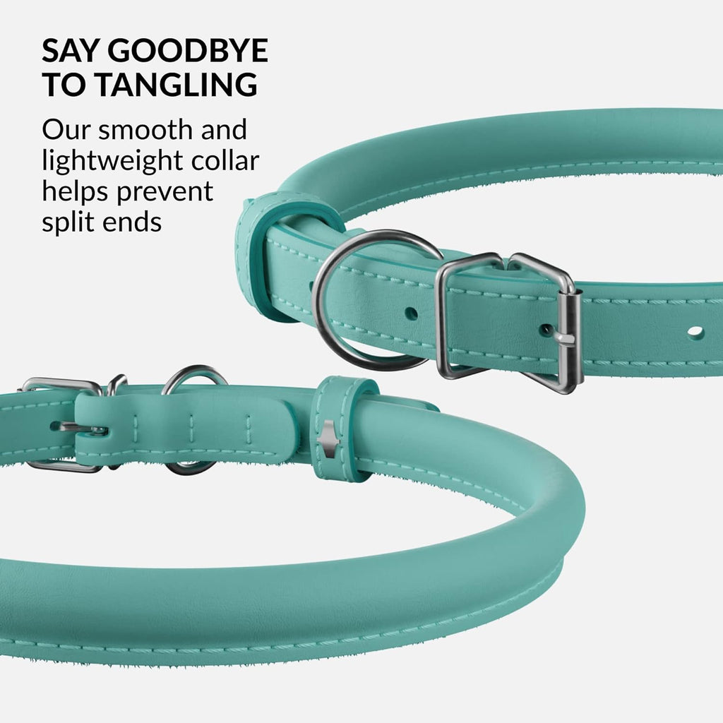 CollarDirect Rolled Leather Dog Collar, Soft Padded Round Puppy Collar, Handmade Genuine Leather Collar Dog Small Large Cat Collars 13 Colors (6-7 Inch, Mint Green Smooth)