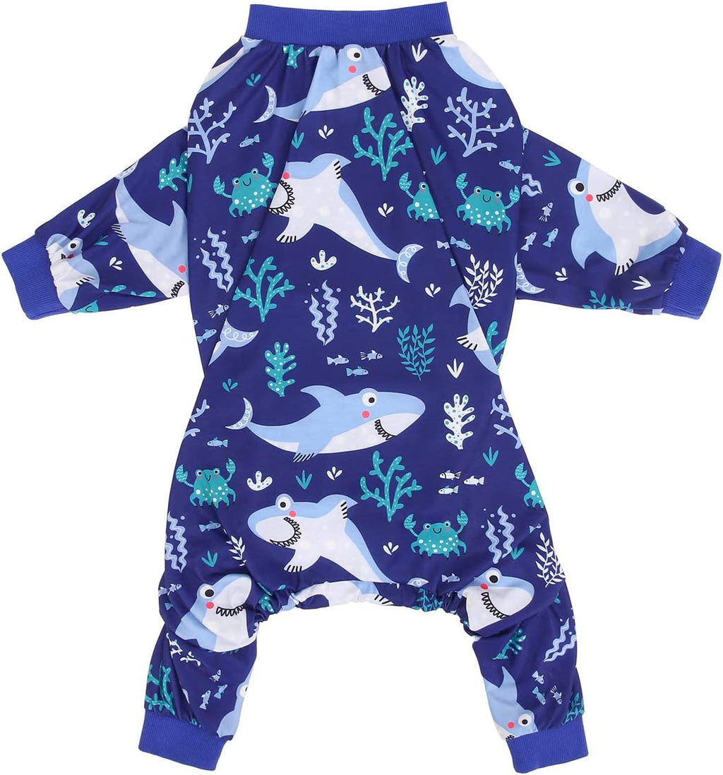 HDE Dog Pajamas One Piece Jammies Jumpsuit Pet Clothes Outfit Stretchy Lightweight Comfy Shirt Pjs for M-3XL Dogs Sharks - 3XL