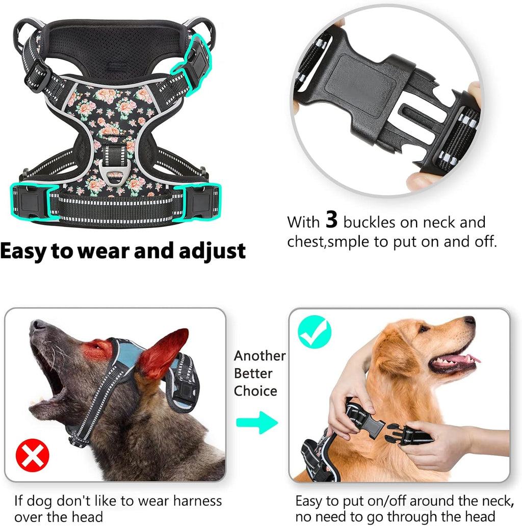 Timos Dog Harness, No-Pull Pet Harness with 2 Leash Clips, 3 Snap Buckles Adjustable Soft Padded Dog Vest, Reflective No-Choke Pet Oxford Vest with Easy Control Handle for Small Medium Large Dogs