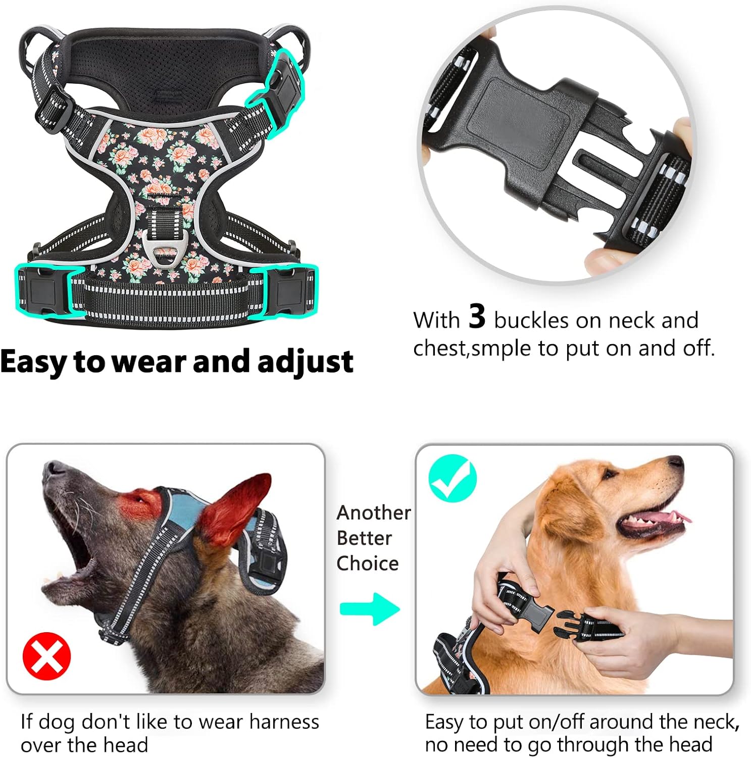 Timos No Pull Dog Harness,NO Need Go Over Dogs Head 3 Snap Buckles Reflective Oxford No Choke Harness with Front&Back 2 Metal Leash Clips Soft Padded for Small Medium Large Dogs,X-Large (Pack of 1)
