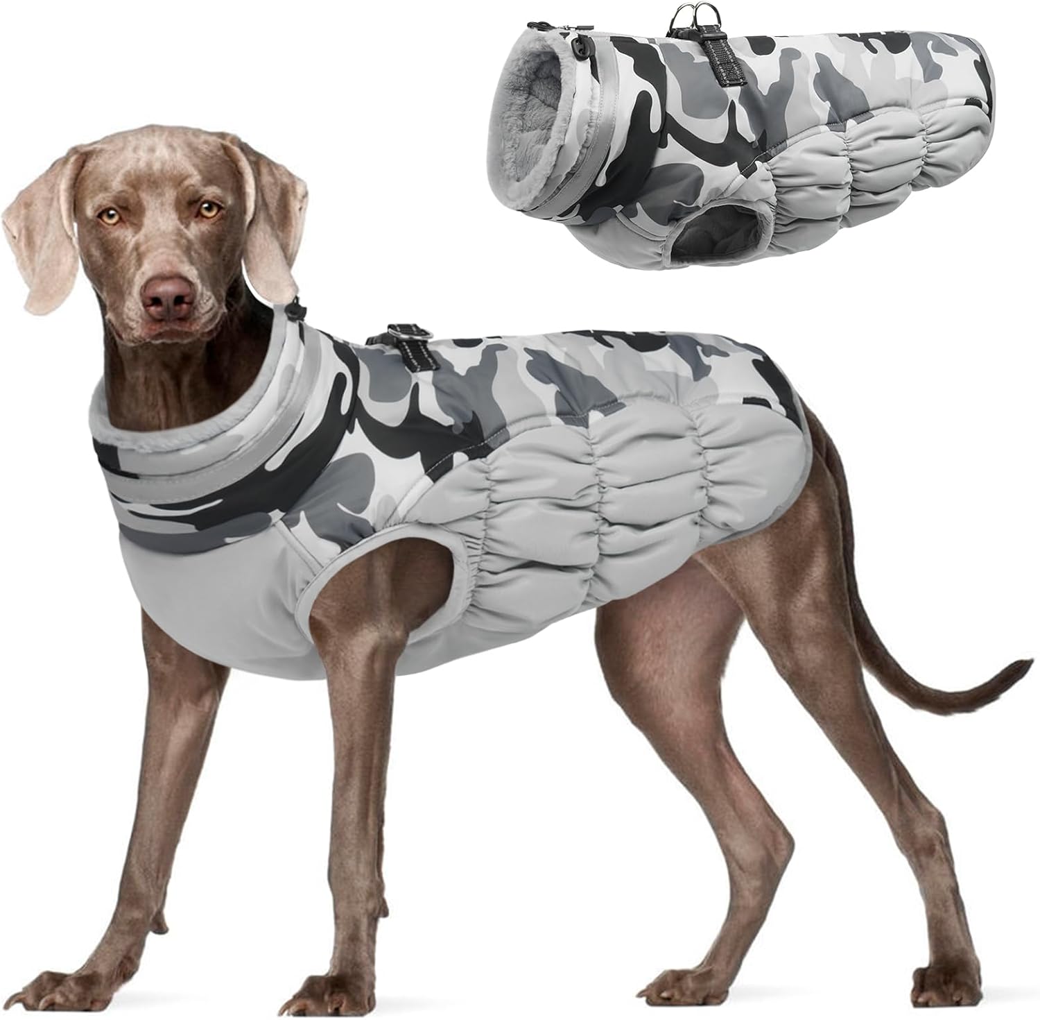 FUAMEY Dog Coat for Large Dogs,Waterproof Dog Winter Jacket with Harness Built in Puppy Cold Weather Coats Reflective Pet Vest with Zipper Warm Fleece Dogs Snowsuit Windproof Grey Camo XXL