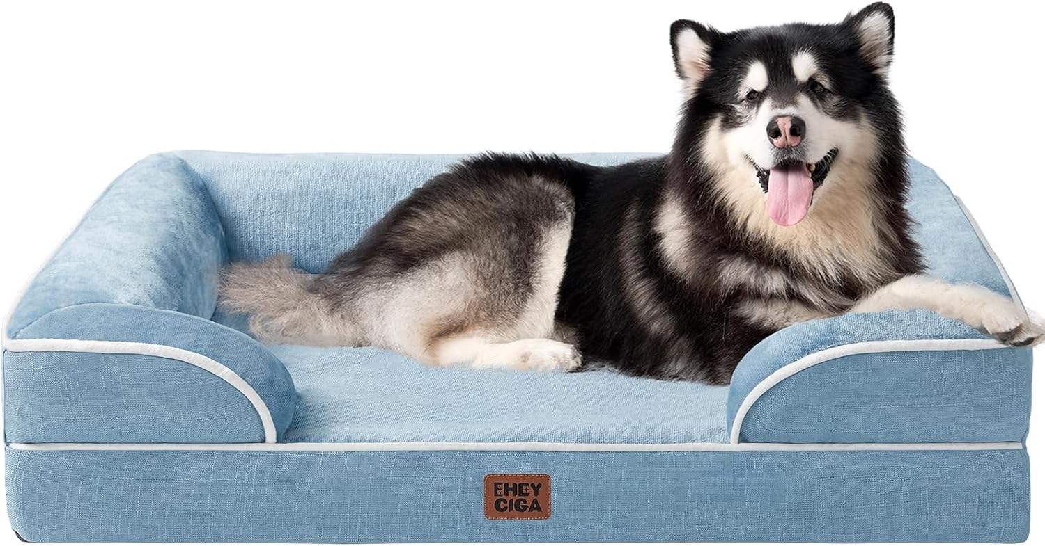 EHEYCIGA Orthopedic XL Dog Beds, Waterproof Memory Foam Dog Bed for Extra Large Dogs, Non-Slip Bottom and Egg-Crate Foam Big Pet Couch Bed with Washable Removable Cover, Washed Blue