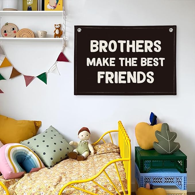 Brothers Make The Best Friends Banner, Boys Room Decor, Toddler Boy Linen Banner Wall Hanging Flag Decor for Nursery 20x30 - Black