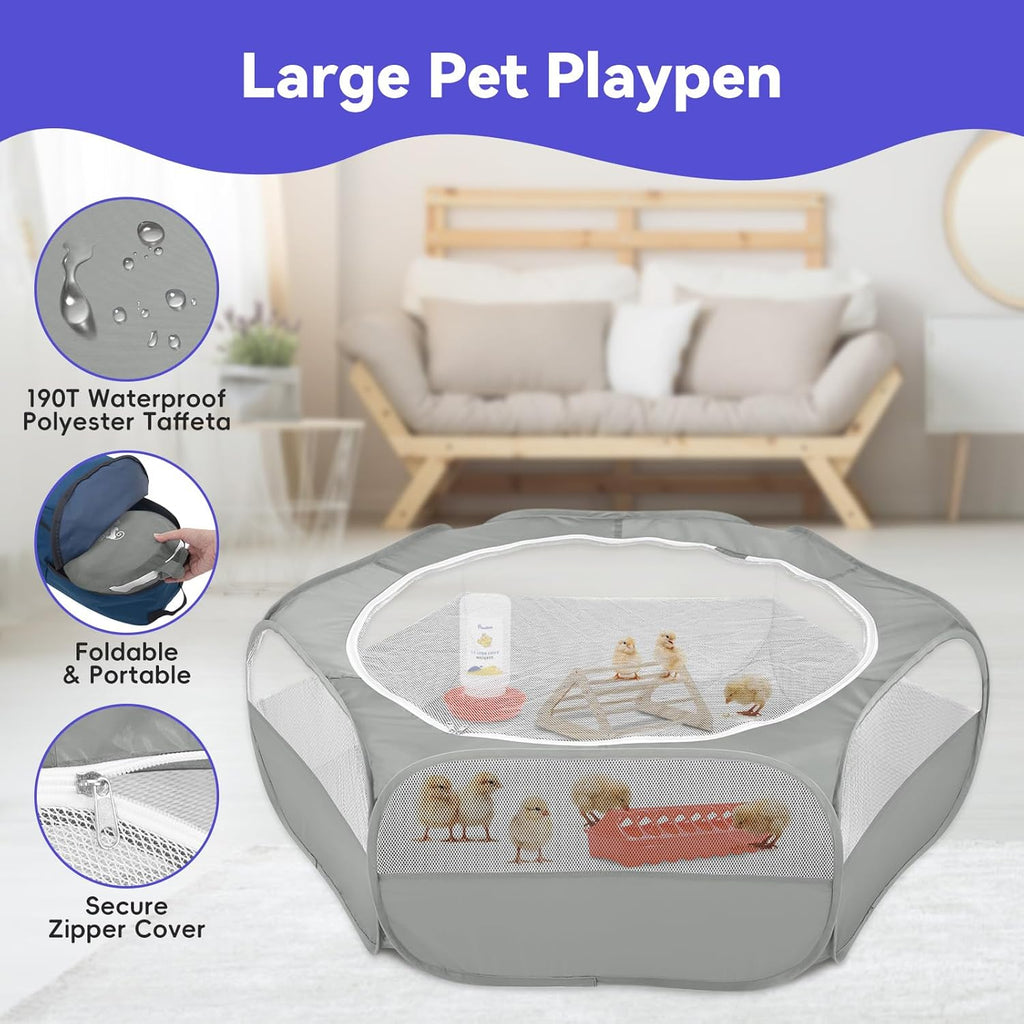 Pawaboo 5-in-1 Chicken Brooder Box for Chick Starter Kit, Includes Pet Cage Tent, Chicks Perch, Chicks Feeder, 1.1L Chick Waterer, Baby Chicken Supplies (Brooder Set), Gray
