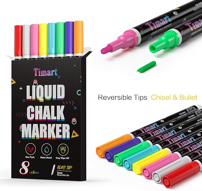 Timart Liquid Chalk Markers, 3mm Fine Tip Chalk Pens, 8 Colors Washable Window Markers for Chalkboard, Dry Erase Marker Pens for Car, Blackboard & Bistro, Non-Toxic,Wet Erase - Reversible Tip