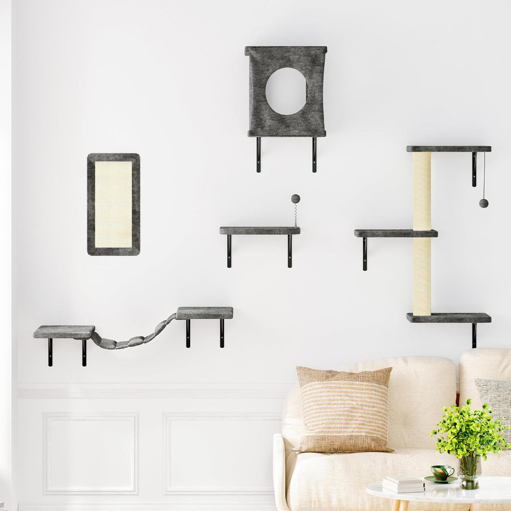 NUNU LAB Cat Wall Shelves Set, 5 Pcs Wall-Mounted Cat Climber with Condo House, Bridge Ladder, Scratching Post, Indoor Cat Furniture Set, Gray