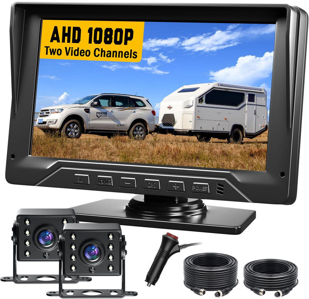 Dual RV Backup Camera Plug and Play, 7'' Backup Camera for Truck Trailer, No Delay, 1080P HD, 2 Channels, 150° Wide Angle, DIY Guide Lines, Night Vision, IP69 Rear View Camera