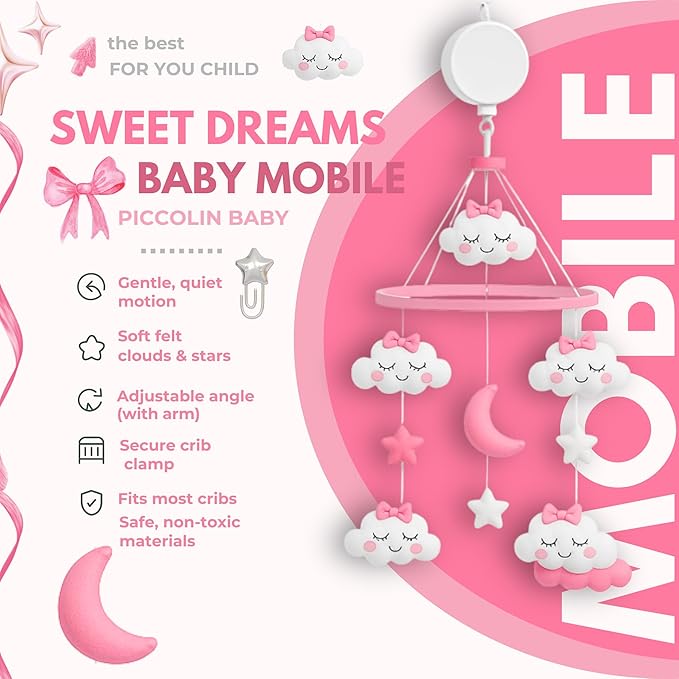 Baby Crib Mobile for Girls with Arm & Music Box | Pink Felt Clouds & Stars Design | Sensory & Soothing Nursery Decor for Baby Girls. Fits Most Cribs.