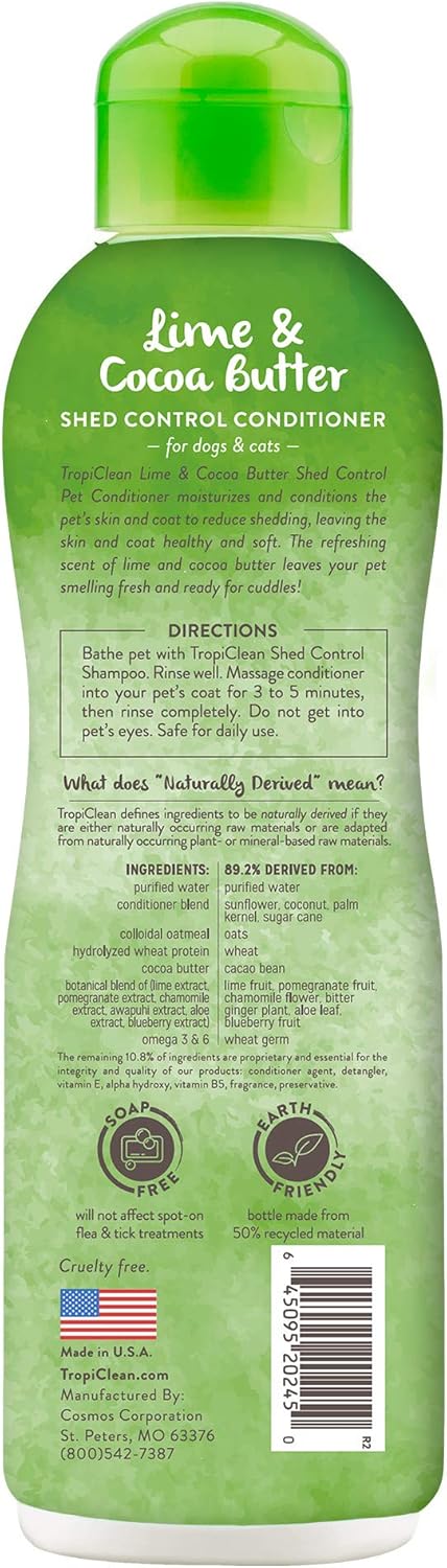 TropiClean Deshedding Dog Conditioner, Reduces Shedding & Softens Coat, Puppy Safe, Made in the USA, Lime & Cocoa Butter Scent, 20oz.