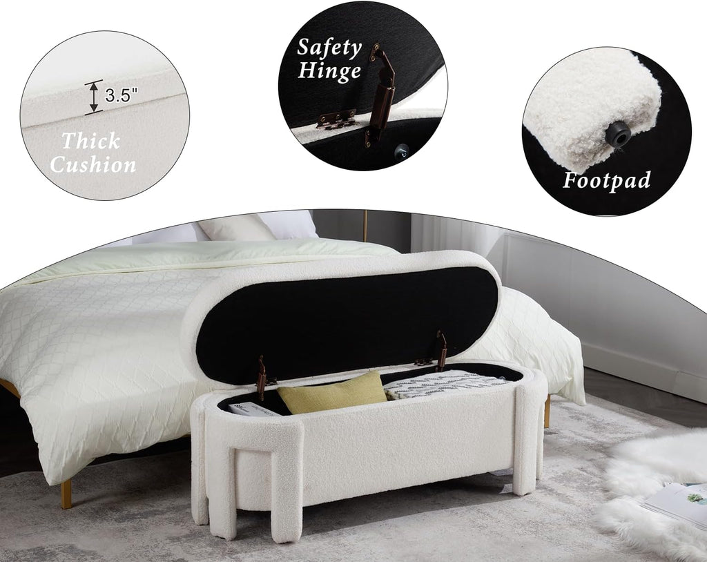 Kmax 50" Storage Ottoman Bench Modern Faux Fur Boucle Entryway Bench Comfy Upholstered End of Bed Bench for Hallway Entrance Bedroom Corner, White