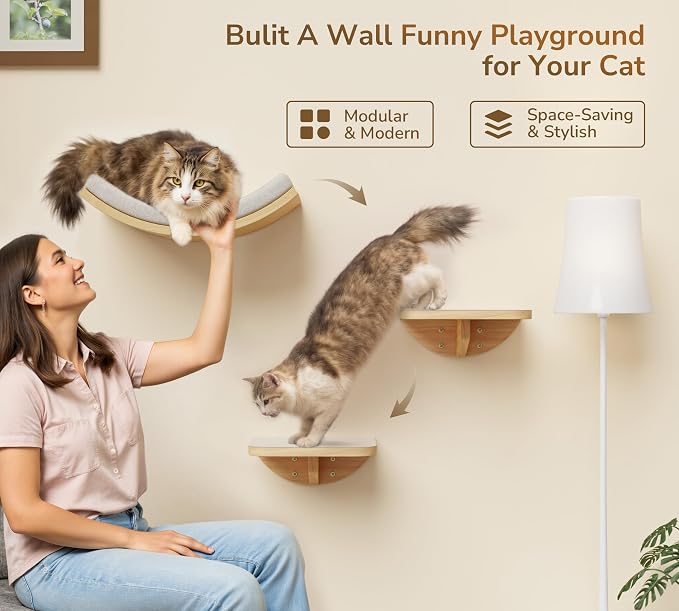 Cat Window Perches, Curved Cat Wall Beige Bed and 2 Floating Wall Steps - Image 3
