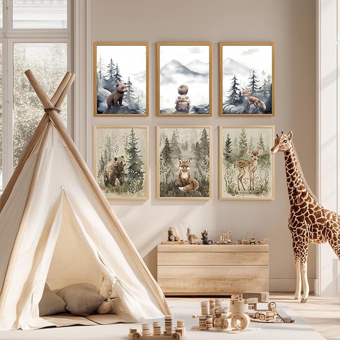 kilamino Neutral Woodland Wild Animal Wall Art, Cute Bear Fox Nursery Wall Decor, Adventure Boy Poster Prints, Vintage Forest Animal Canvas Paintings for Baby Room Playroom Wood Framed 16"x24"x3