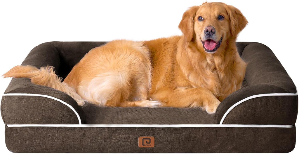 EHEYCIGA Orthopedic Dog Beds for Extra Large Dogs, Waterproof Memory Foam XL Dog Bed with Sides, Non-Slip Bottom and Egg-Crate Foam Big Pet Couch Bed with Washable Removable Cover, Brown