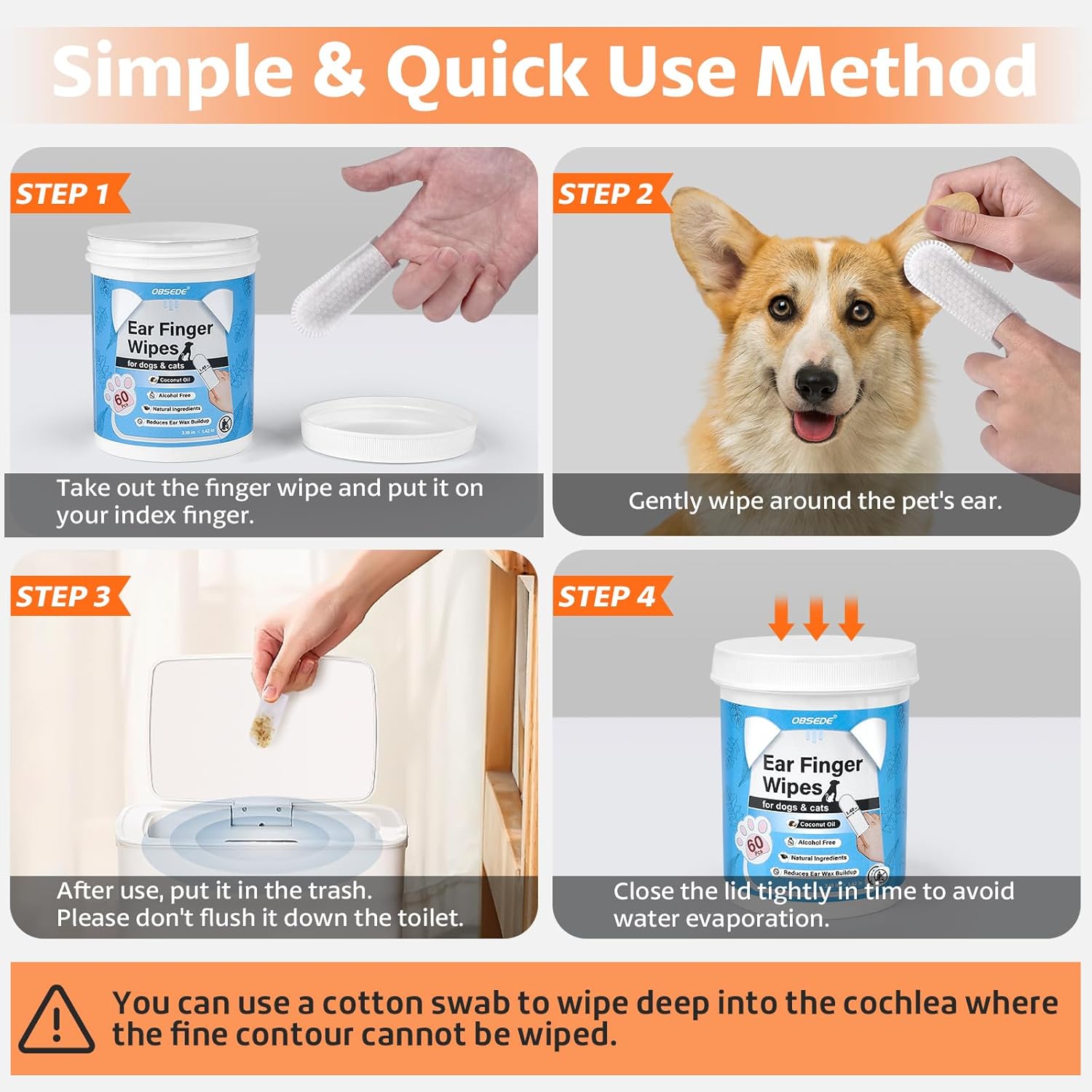 OBSEDE Dog & Cat Ear Wipes, 60 Count Finger Wipes for Gentle Cleaning & Itch Relief - Fresh Coconut Scent, Removes Wax & Odor – Daily Pet Grooming Supplies