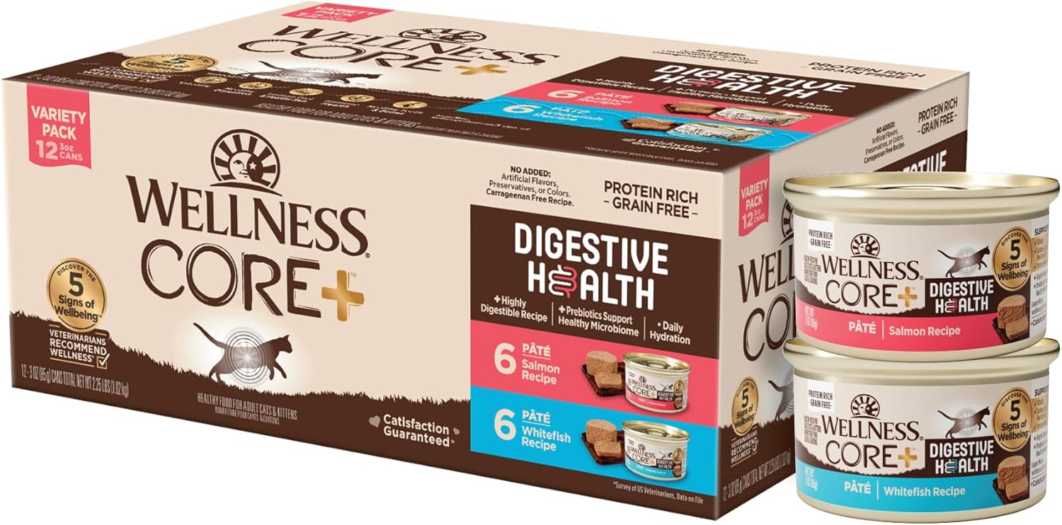 Wellness CORE+ Digestive Health Pate Adult Wet Cat Food, Natural, Protein-Rich, Grain Free, 3 Ounce, 12 Pack (Salmon & Whitefish Variety Pack)