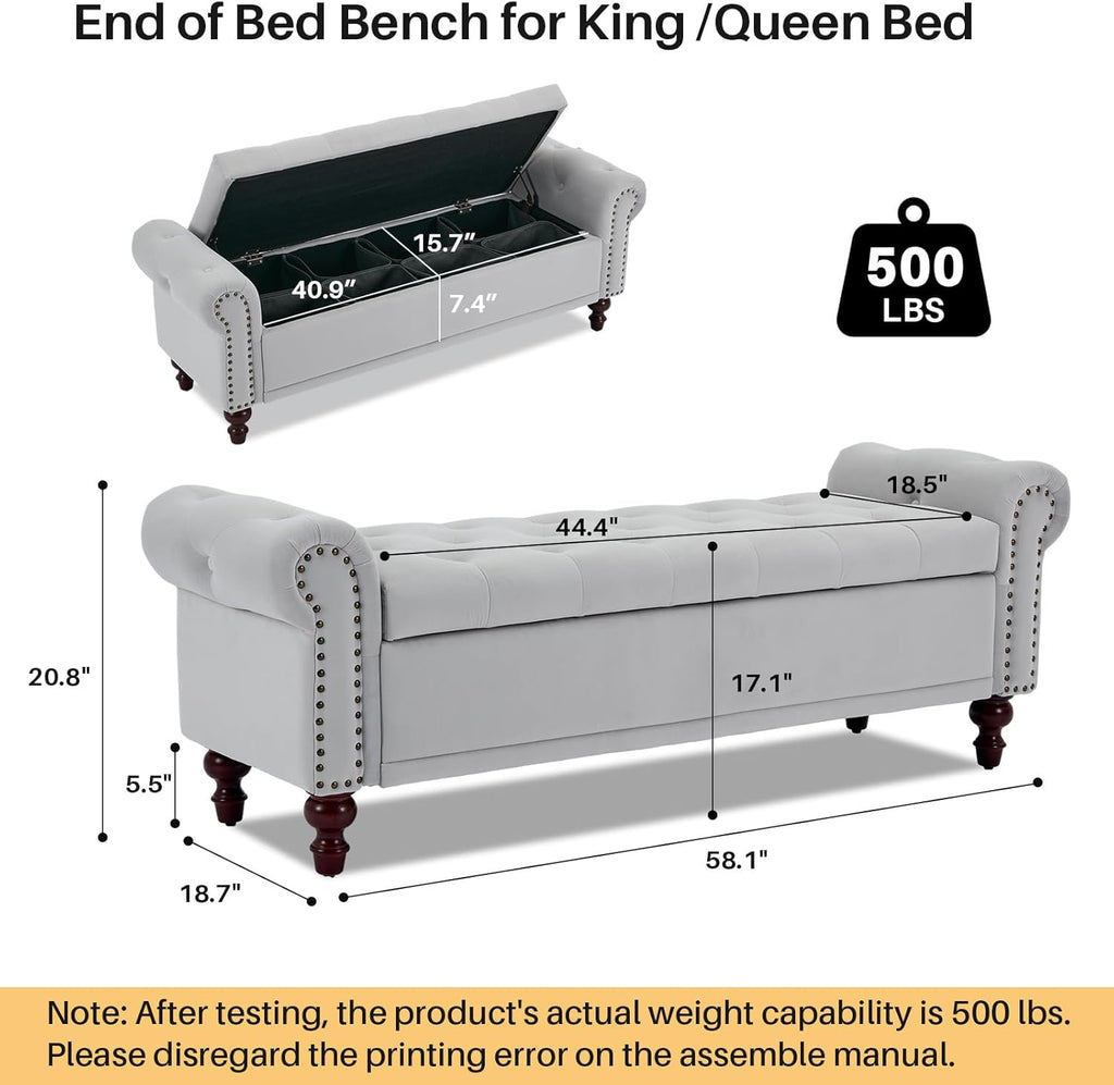 Storage Bench Upholstered Velvet End of Bedroom Bed Bench Ottoman with Tufted Cushioned Rolled Arm Large Storage Space for Reading Living Room Entryway, Light Grey
