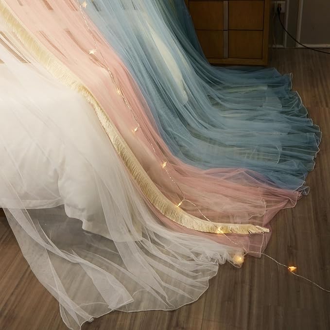 AIKASY Princess Bed Canopy for Girls & Adults, Elegant Double-Layer Bed Curtain, Children's Dream Round Lace Mosquito Net - Fits Twin, Full, Queen, and King Beds(Blue/Pink/White)