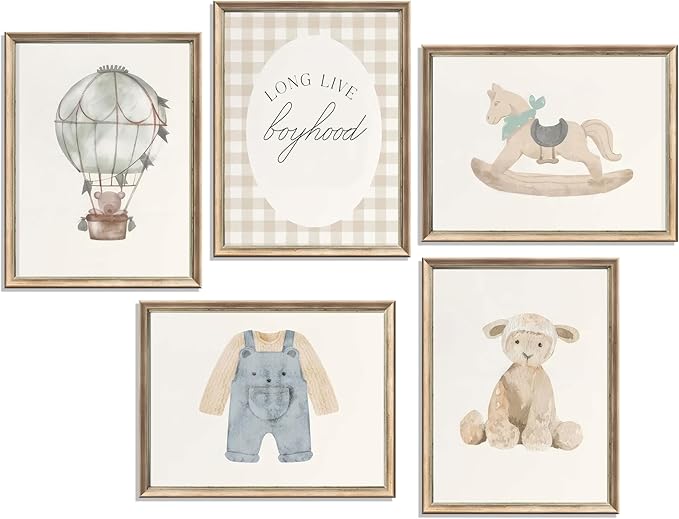 zxcvbn888 5Pcs Vintage Nursery Wall Art Vintage Blue Canvas Posters Bear Pictures Hot air balloon Toddler Art Prints Long Live Boyhood Wall Decor for Boy Nursery Baby Bedroom Kids Unframed