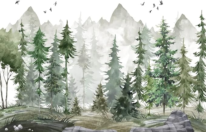 Green Forest Wall Mural Watercolor Woodland Wallpaper for Nursery Room (Not Peel n' Stick)