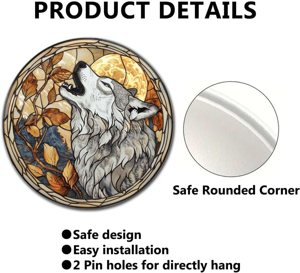 Lygond Metal Sign Tin Sign Circular Stained Glass Gray Wolf Funny Outdoor Decor for Gift 8×8 Inches