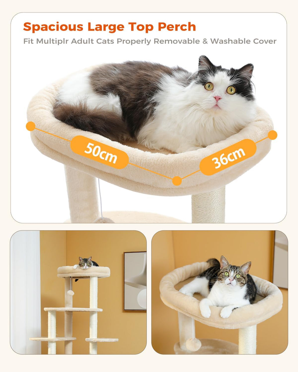PETEPELA 61" Cat Tree for Indoor Cats, [6-Levels] Cat Climbing Tower with 9 Sisal Scratching Posts and Replaceable Dangling Ball &Top Perch, Beige