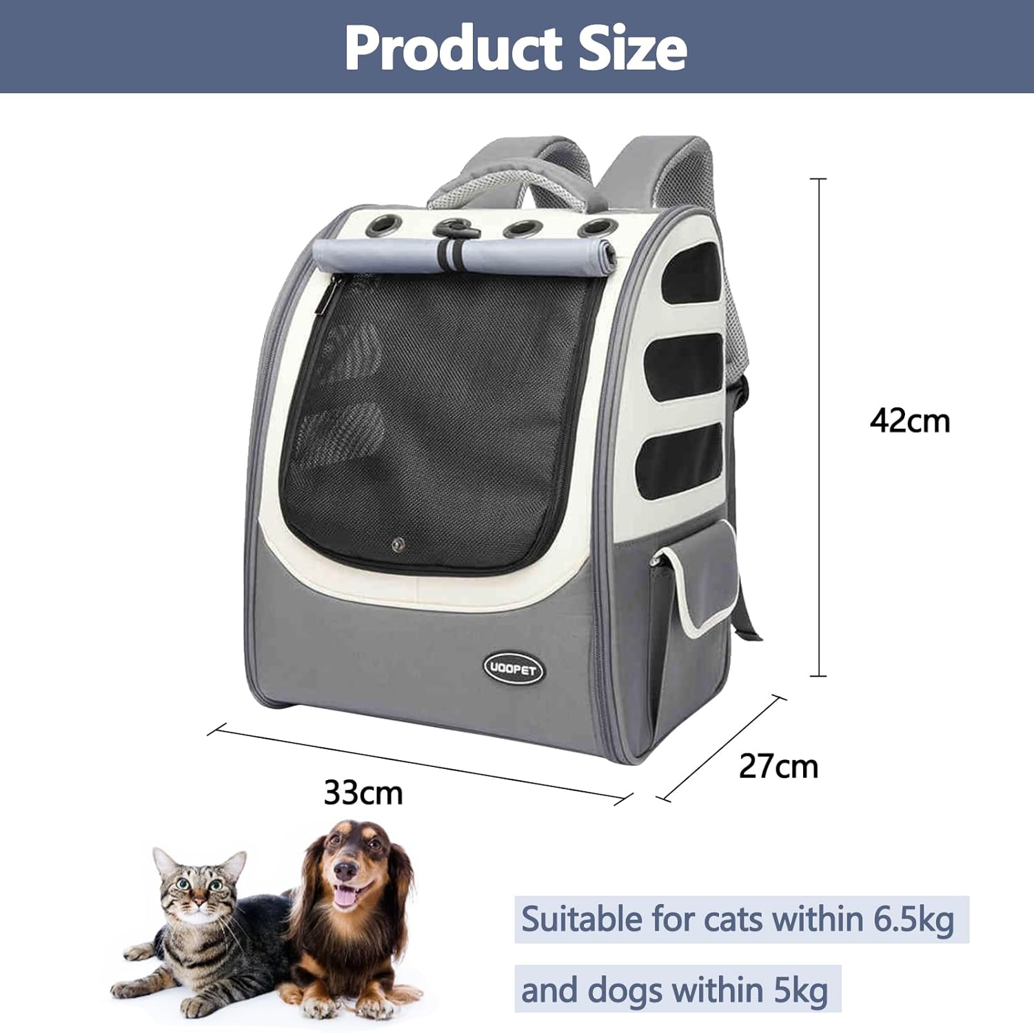 Dog Backpack, Ventilated Pet Hiking Backpack Travel Bag, Airline Approved Cat Backpack for Travel, Hiking, Outdoor Use(Gray)