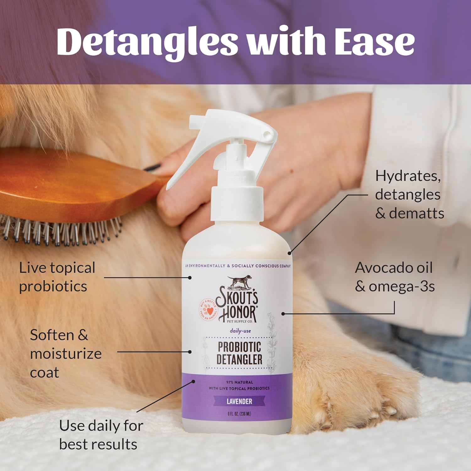 Skout's Honor Pet Detangler Spray - Hydrating & Conditioning with Avocado Oil & Probiotics, 97% Natural, Paraben & Sulfate-Free, softens for a More brushable Coat, Daily Use, 8oz, Lavender, 2-Pack