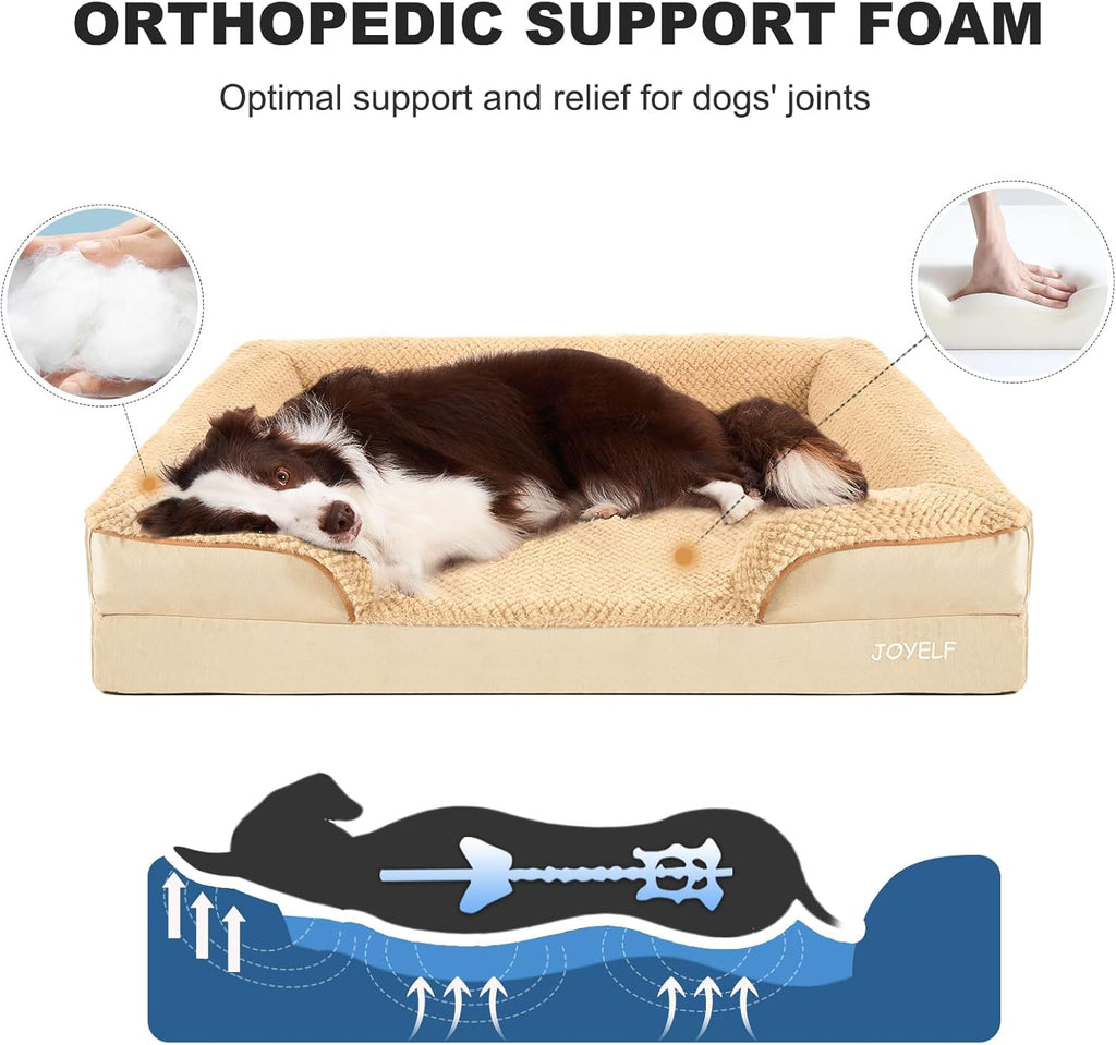 JOYELF Orthopedic Dog Bed for Extra Large Dogs, Foam Sofa Couch Bed, Waterproof with Removable Washable Cover and Nonskid Bottom, Durable - Khaki