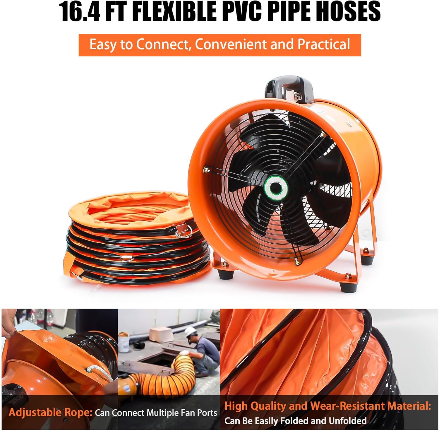 10-Inch High-Velocity Portable Utility Blower Fan, Industrial Exhaust Fan with 16.4ft Flexible Duct Hose, 3150 RPM Low-Noise Ventilator for Basements, Workshops, Warehouses, and Confined Spaces
