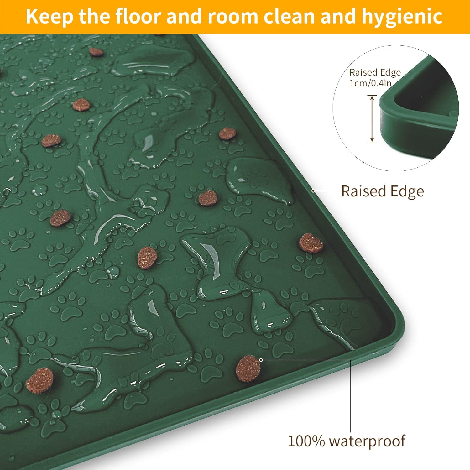 Ptlom Pet Placemat for Dog and Cat, Waterproof Silicone Pet Feeding Bowl Mats for Food and Water, Small Medium Large Dogs Mat Prevent Residues from Spilling to Floor, Hunter Green, 24.5" 16.5"