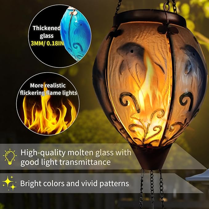 Glass Solar Hot Air Balloon Lantern with Flame Hanging Garden Flickering Light Outdoor Waterproof for Yard Patio Tree Mother's Day Gift, Dolphin