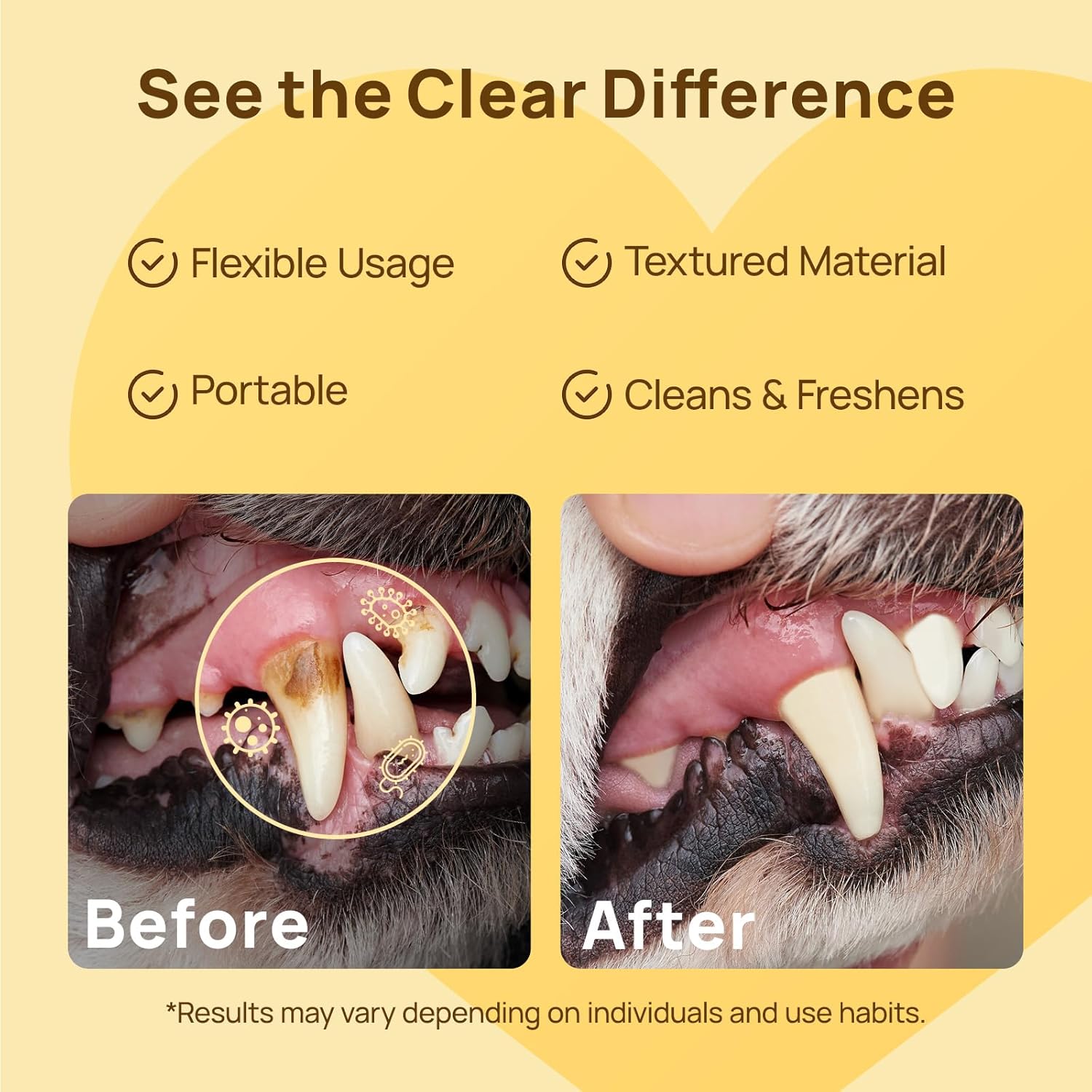 HICC PET Teeth Cleaning Wipes for Dogs & Cats, Vet-Recommended Remove Bad Breath & Plaque & Tartar Buildup Dog Finger Toothbrush Wipes, No-Rinse Dog Tooth Brushing Kit Gentle Cleansing & Gum Care