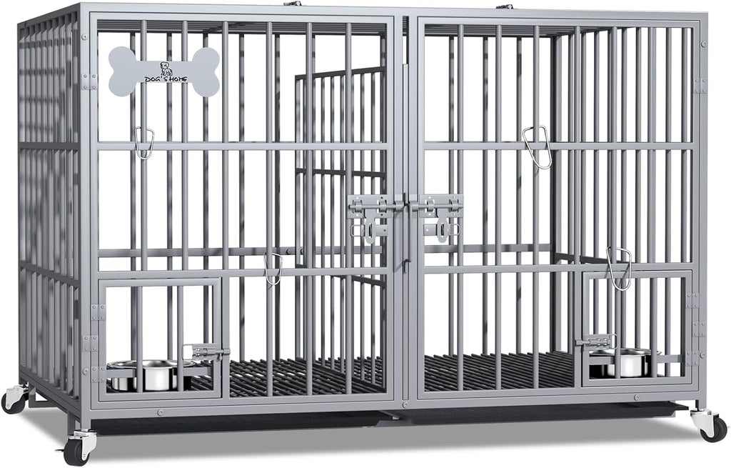 aboxoo 42/48 inch Heavy Duty Metal Dog Crate for 2 Dogs/Large Dog,All Metal Open Top,Dog Kennel Indoor with Wheels,Floor Grid, Tray, Divider and Feeding Bowl (Sliver)