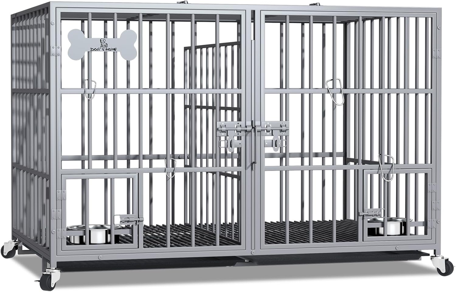 aboxoo 42/48 inch Heavy Duty Metal Dog Crate for 2 Dogs/Large Dog,All Metal Open Top,Dog Kennel Indoor with Wheels,Floor Grid, Tray, Divider and Feeding Bowl (Sliver)