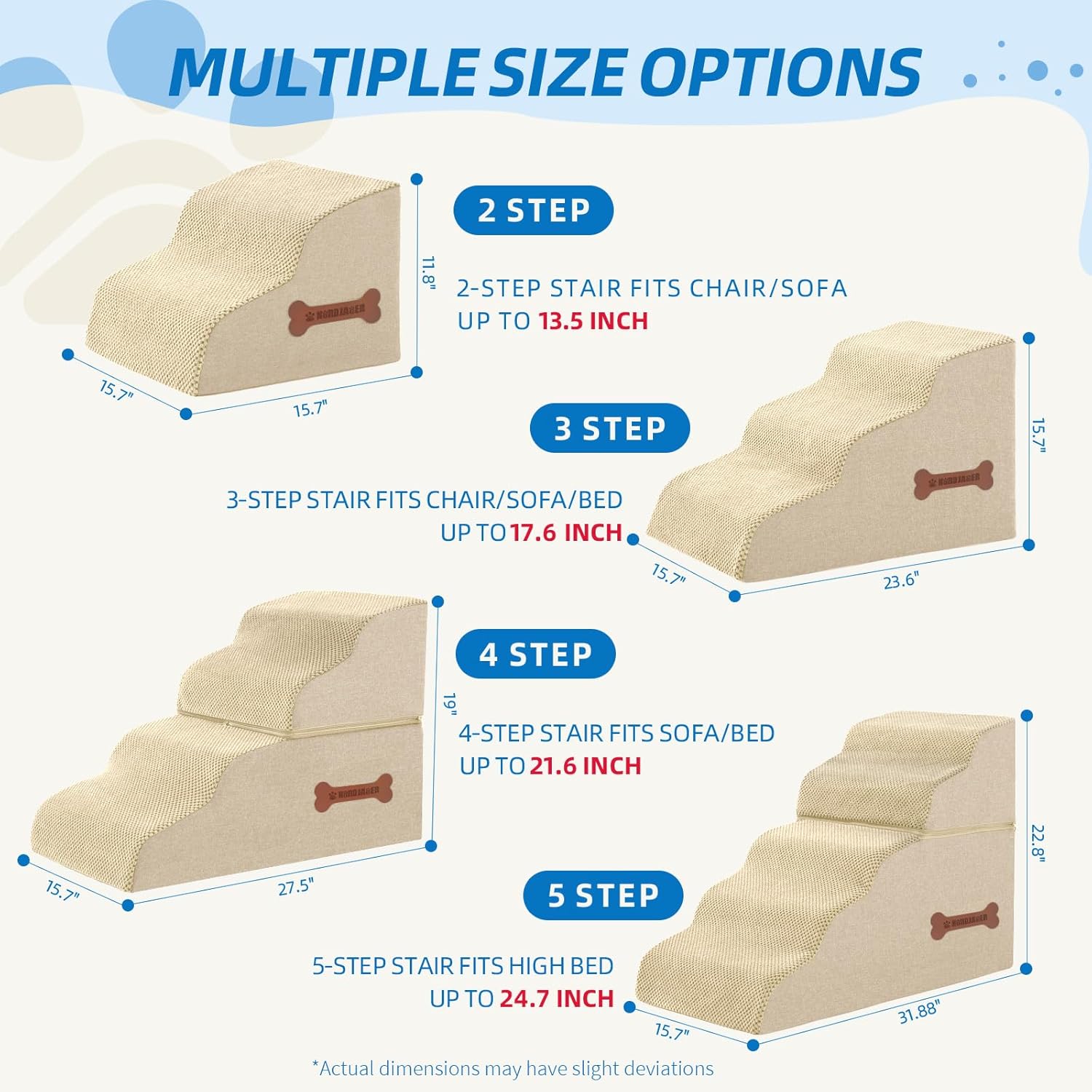 Dog Stairs for Small Dogs and Cats, 2 Steps Pet Stairs to Get on Couch Sofa and Chair, Indoor Non-Slip Balanced Portable Pet Step, High-Density Foam Ramp with Removable Washable Cover, Beige（11.8" H）