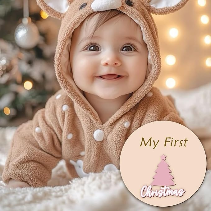 Monthly Baby Milestone Maker Discs, Baby Milestone Signs for Newborn Baby, Hello World Newborn Sign for Baby Girl & Boy, Baby Announcement Sign for 1-12 Month, Milestone Wooden Circles (Pink)