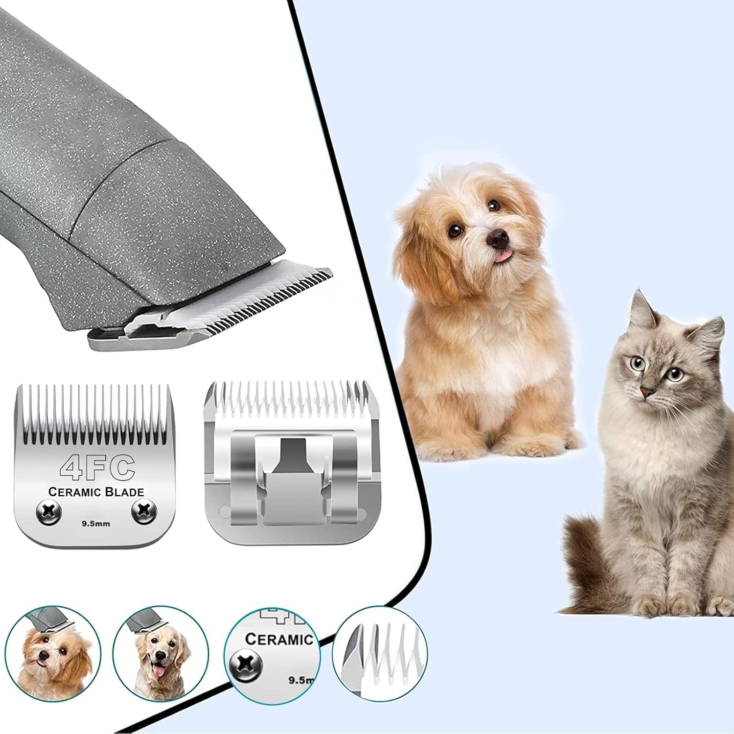 Audoc 4FC Blade Detachable Pet Clipper Replacement Blades, Ceramic and Stainless Steel, Compatible with Andis, Oster, and Wahl Clippers