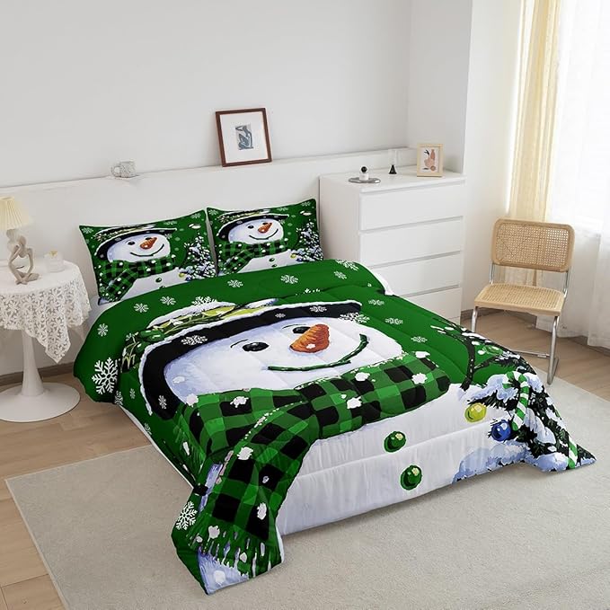 Feelyou Kids Christmas Theme Decorations Bedding Set Xmas Snowman Comforter Set for Boys Girls Snowflake Kawaii Cute Comforter Green Quilt Set Bedroom Collection King Size