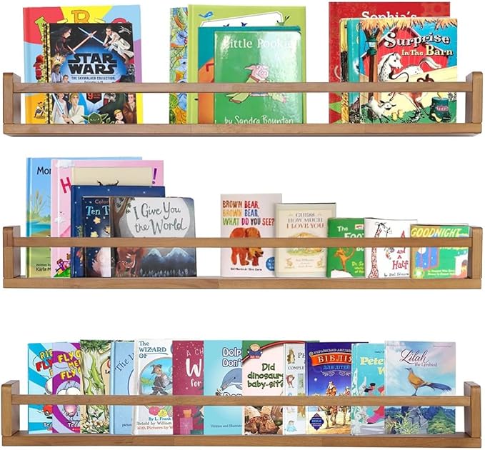 AZSKY Light Walnut Nursery Book Shelves, 36 Inch Floating Wall Mounted Bookshelf, Kids Room Hanging Shelves, Children Toddlers Toys Books Storage Organizer a Set of 3