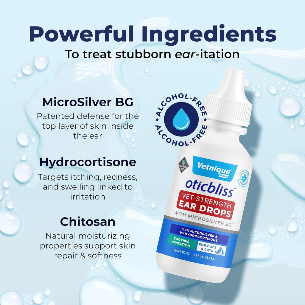 Vetnique Oticbliss Cat & Dog Ear Infection Treatment Drops - with 1% Hydrocortisone & MicroSilver BG for Dog Ear Infections - Vet Recommended Cat & Dog Ear Cleaner for Itchy Ear Relief