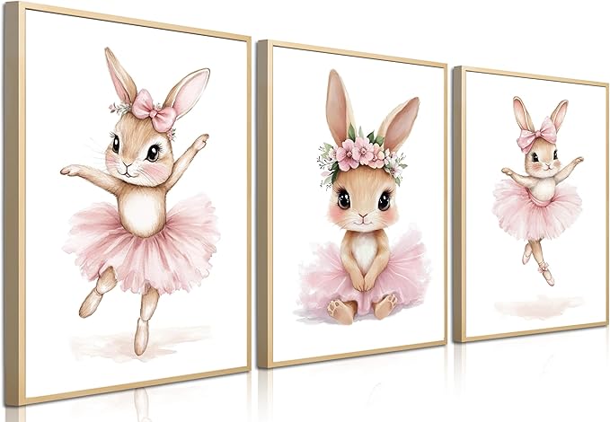 Kusag Baby Girl Nursery Posters Wall Decor, Easter Nursery Canvas Wall Art Paintings Set of 3, Cute Animal Pink Bunny Prints Pictures for Boys and Girls Room, Bedroom, Home Decor 12x16 In Unframed